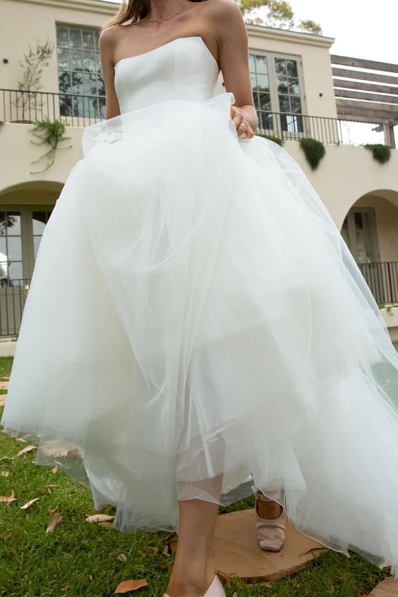 A Line Satin Tulle Wedding Dress Strapless