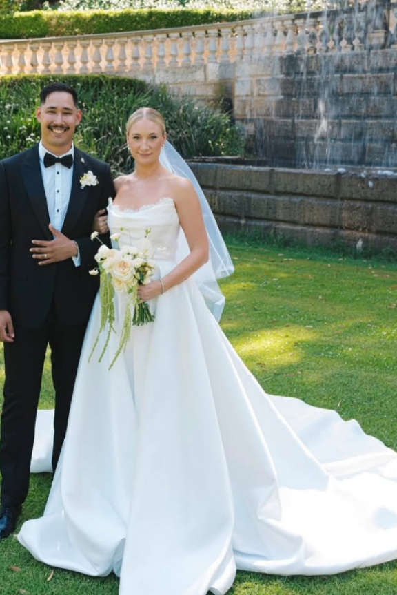 Long Satin Wedding Dress Court Train Lace Edge Neckline