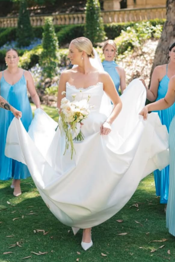 Long Satin Wedding Dress Court Train Lace Edge Neckline TANYA BRIDAL Long Satin Wedding Dress Court Train Lace Edge Neckline TANYA BRIDAL