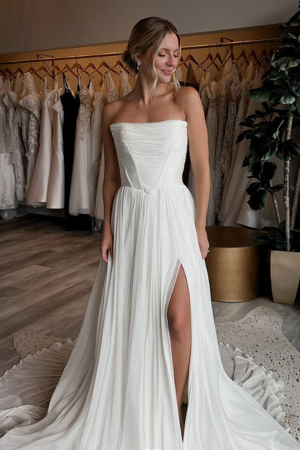 Strapless Boho A Line Long Chiffon Wedding Dress With Slit TANYA BRIDAL Strapless Boho A Line Long Chiffon Wedding Dress With Slit TANYA BRIDAL