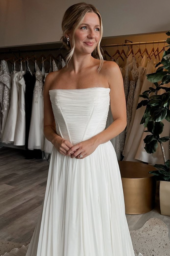 Strapless Boho A Line Long Chiffon Wedding Dress With Slit