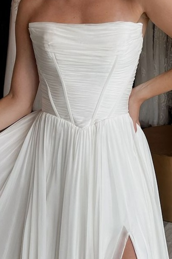 Strapless Boho A Line Long Chiffon Wedding Dress With Slit TANYA BRIDAL Strapless Boho A Line Long Chiffon Wedding Dress With Slit TANYA BRIDAL