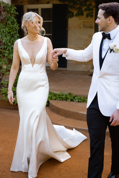 Elegant Mermaid Deep V Neck Satin Long Wedding Dress