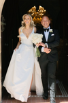 V Neck Illusion Back Side Split Satin Wedding Dress