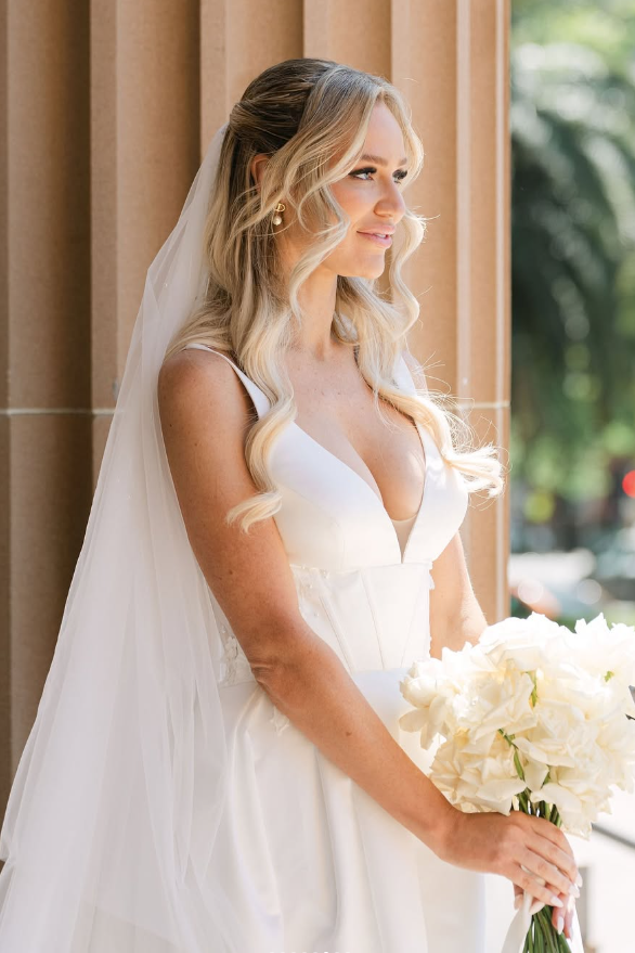 V Neck Illusion Back Side Split Satin Wedding Dress
