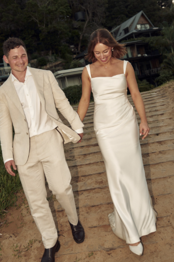 Elegant Sheath Long Satin Wedding Dress Backless