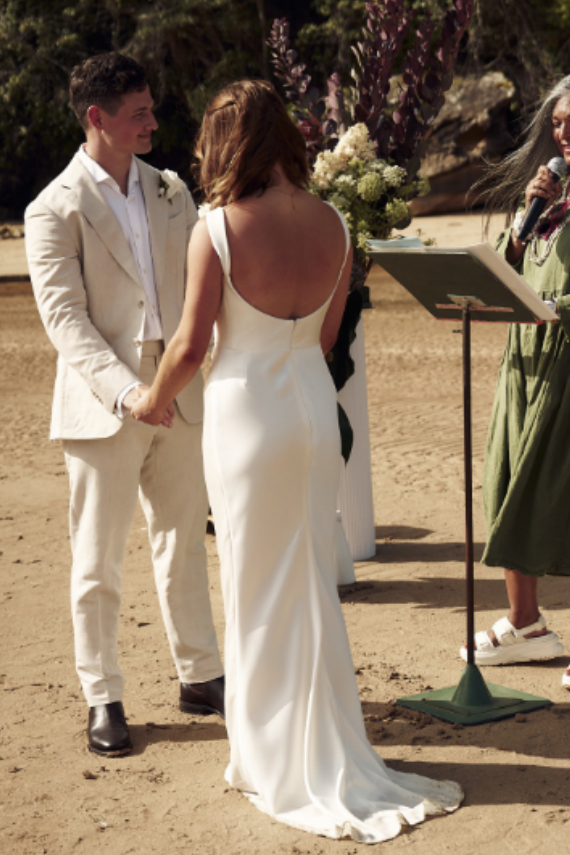 Elegant Sheath Long Satin Wedding Dress Backless
