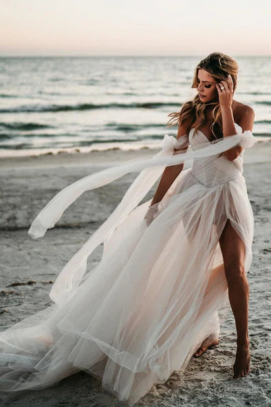 Elegant Beach Off-The-Shoulder A-Line Wedding Dresses With Slit