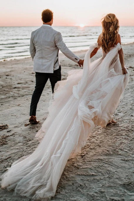 Elegant Beach Off-The-Shoulder A-Line Wedding Dresses With Slit