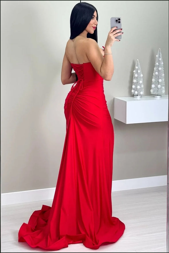 Red Sweetheart Sleeveless Mermaid Prom Dress With Split
