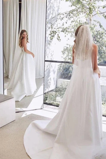 White Sleeveless Satin Wedding Dress With Side Slit