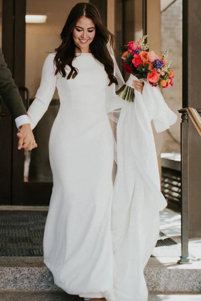 Elegant Satin Mermaid Long Sleeve Wedding Dress