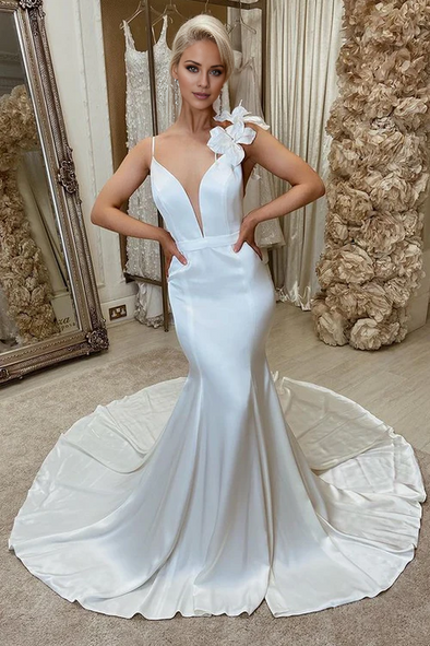 Deep V Mermaid Wedding Dress With Flowers