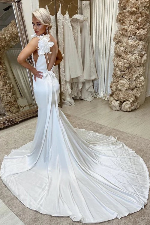 Deep V Mermaid Wedding Dress With Flowers