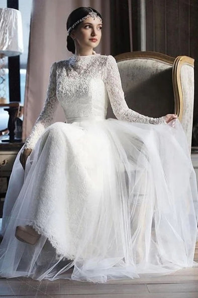 Modest High Neck Lace Wedding Gown With Tulle Overskirt