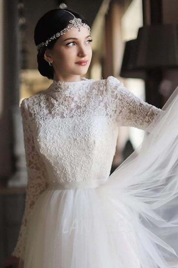 Modest High Neck Lace Wedding Gown With Tulle Overskirt