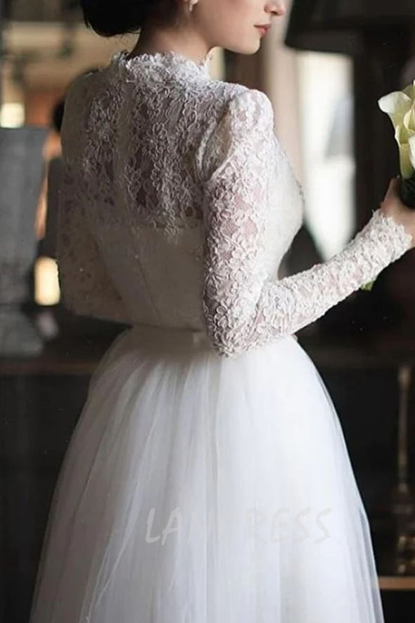 Modest High Neck Lace Wedding Gown With Tulle Overskirt