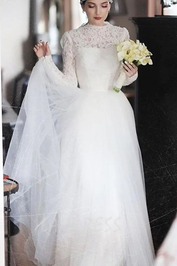 Modest High Neck Lace Wedding Gown With Tulle Overskirt