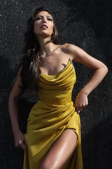Yellow Strapless Sleeveless Mermaid Evening Party Dress With Split