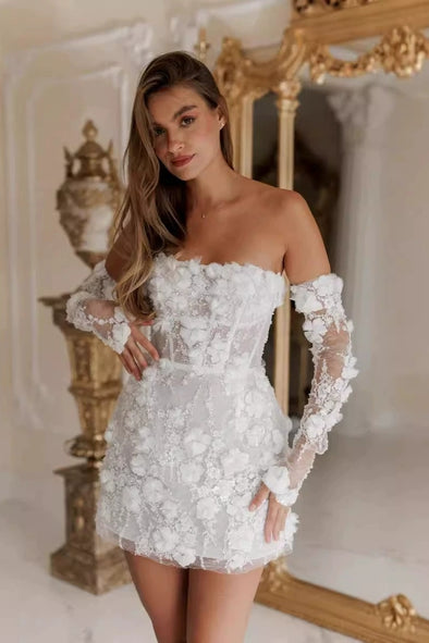 #LY9203 Short Lace Wedding Dress With Detachable Sleeves