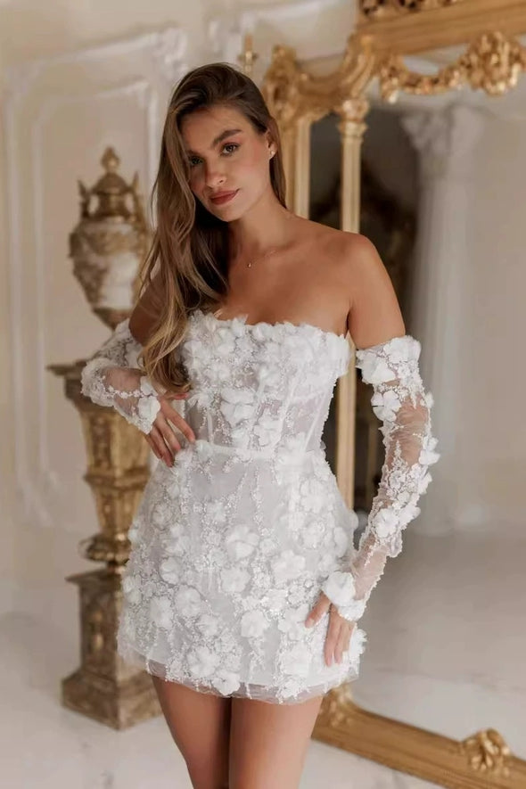 #LY9203 Short Lace Wedding Dress With Detachable Sleeves