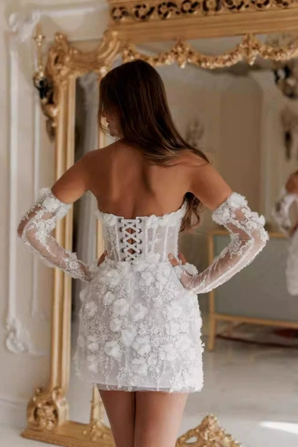 #LY9203 Short Lace Wedding Dress With Detachable Sleeves