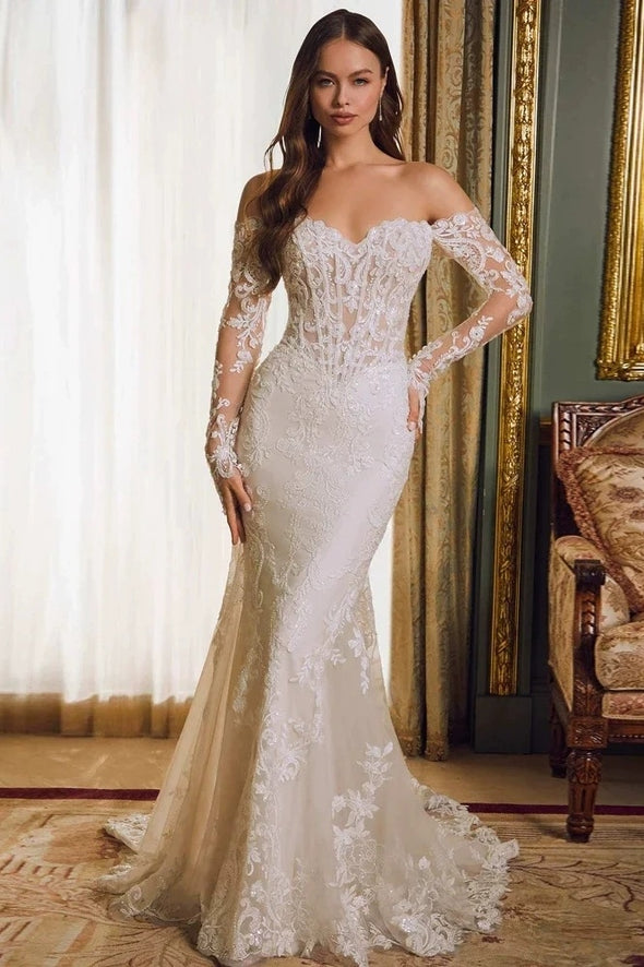 #LY9205 Long Sleeves Off The Shoulder Lace Mermaid Wedding Dress