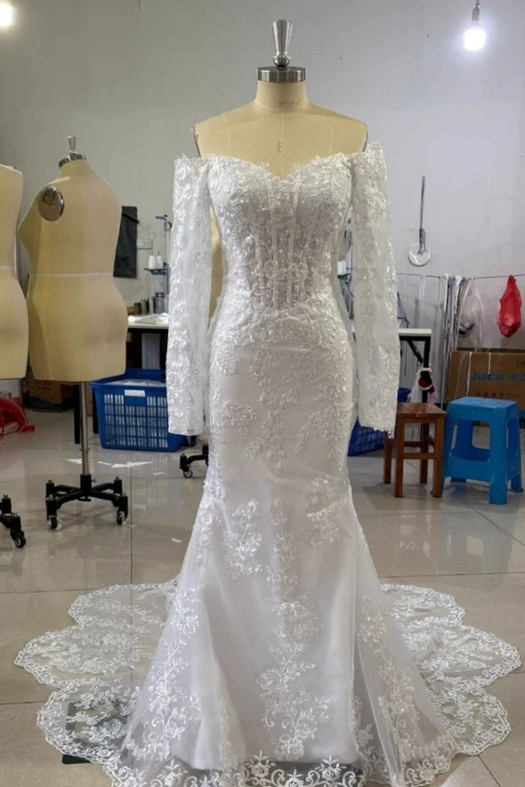 #LY9205 Long Sleeves Off The Shoulder Lace Mermaid Wedding Dress