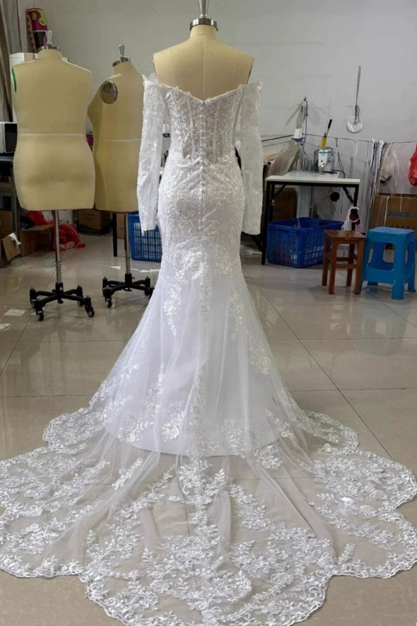 #LY9205 Long Sleeves Off The Shoulder Lace Mermaid Wedding Dress