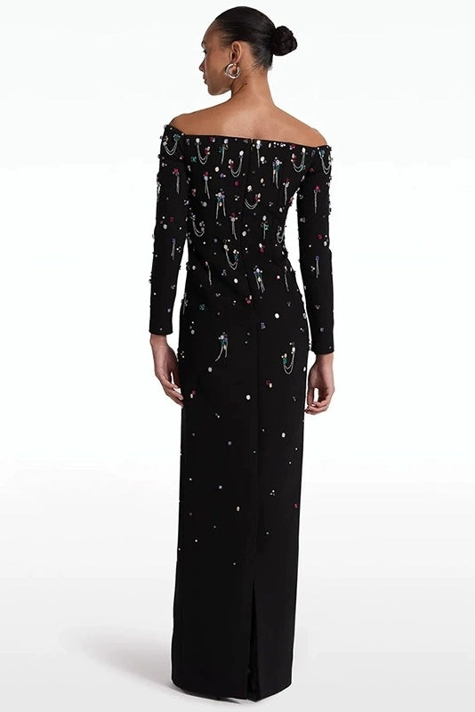 #DZ9393 Black Evening Dress With Colorful Beadings Boat Neck