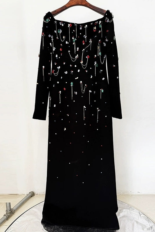 #DZ9393 Black Evening Dress With Colorful Beadings Boat Neck