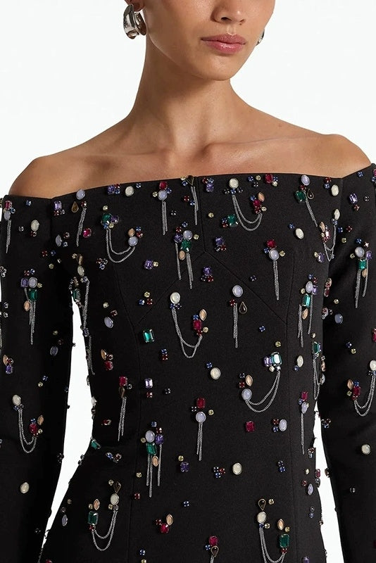 #DZ9393 Black Evening Dress With Colorful Beadings Boat Neck