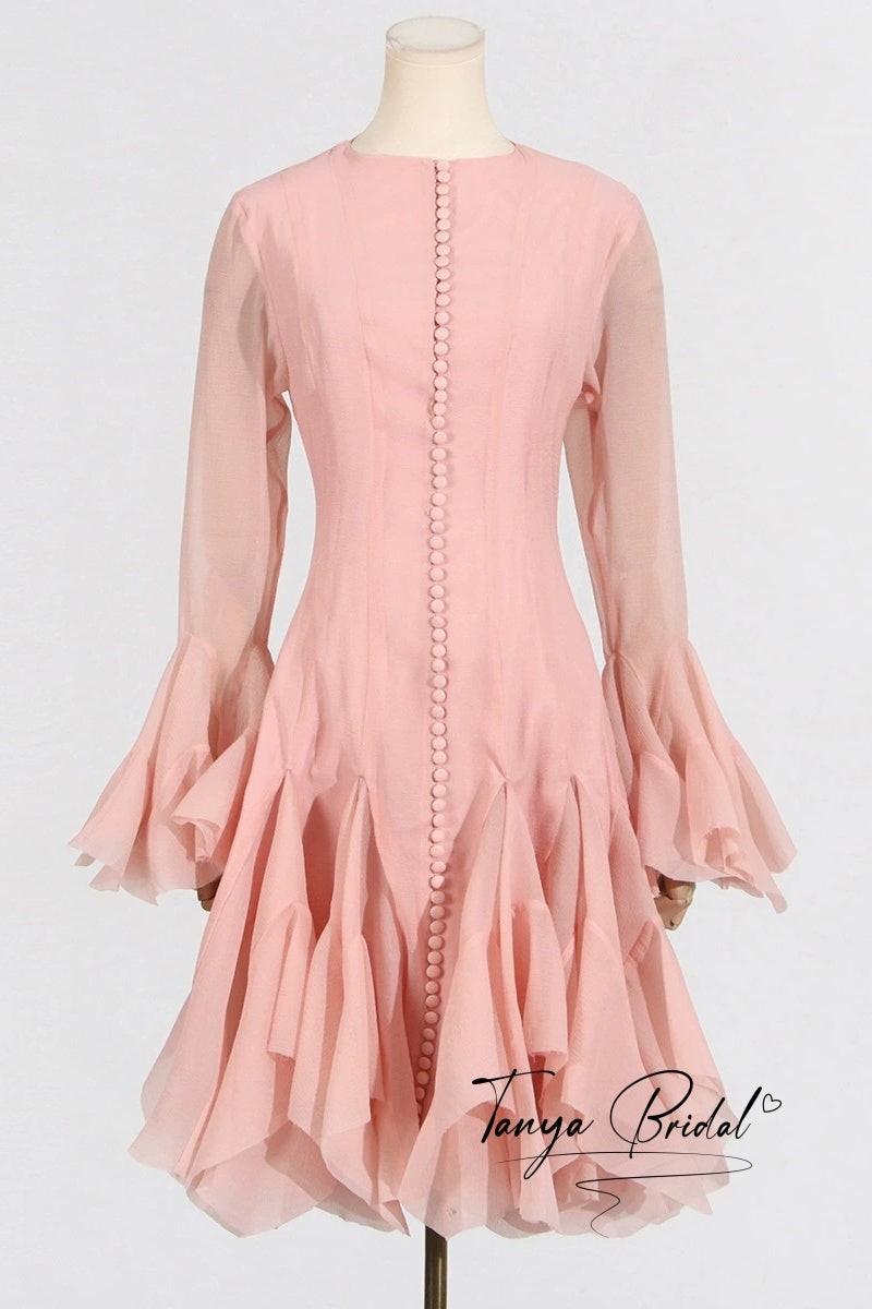DZ9508 Baby Pink Ruffles Short Cocktail Dress With Buttons TANYA BRIDAL DZ9508 Baby Pink Ruffles Short Cocktail Dress With Buttons TANYA BRIDAL