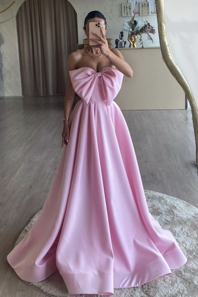 A-Line Pink Satin Long Prom Dress, Pink Long Formal Dress – TANYA BRIDAL