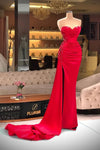 Mermaid Red Satin Evening Dress Sweetheart Pleates Slit Beads Gown