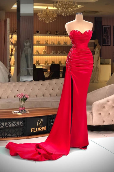 Mermaid Red Satin Evening Dress Sweetheart Pleates Slit Beads Gown
