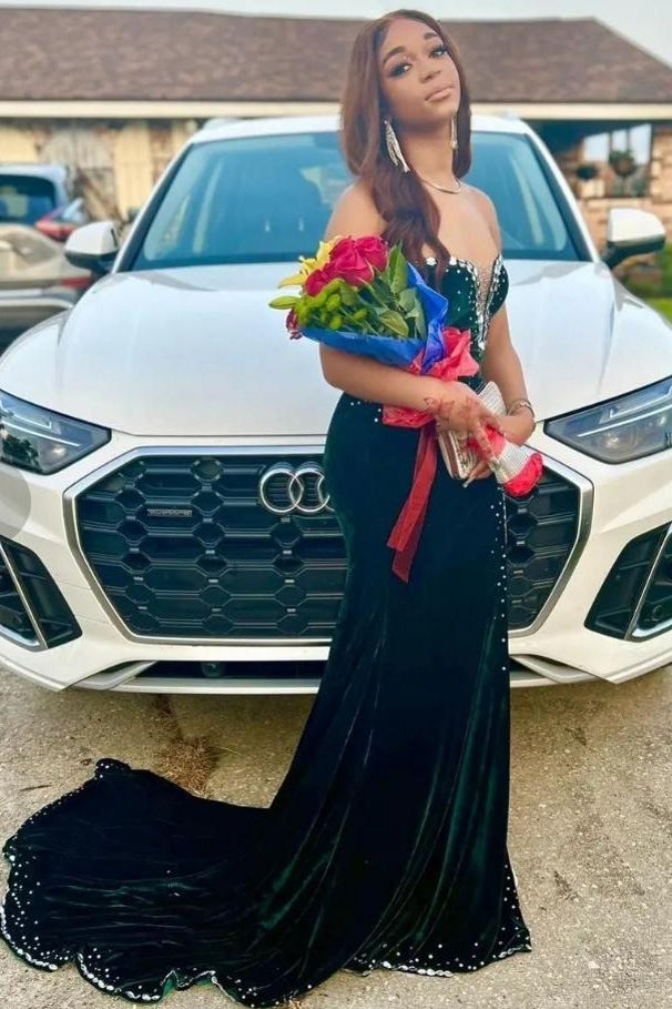 Sweetheart Dark Green Prom Dress Velvet Mermaid Slit With Beads TANYA BRIDAL Sweetheart Dark Green Prom Dress Velvet Mermaid Slit With Beads TANYA BRIDAL