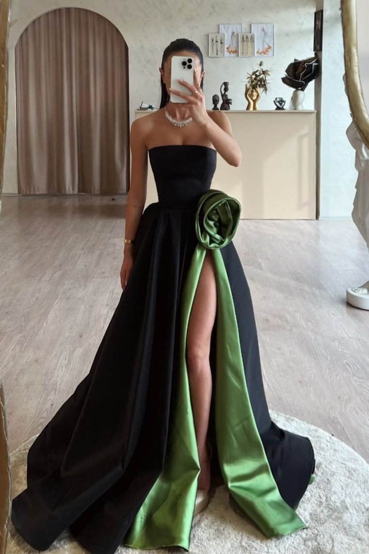 Black And Green Long A Line Satin Evening Prom Gown Black And Green Long A Line Satin Evening Prom Gown