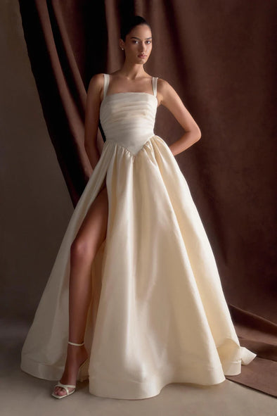 A Line Beige Long Wedding Dress High Split