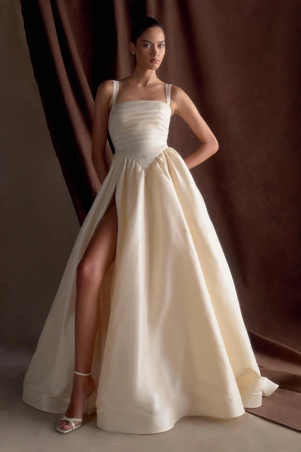 A Line Beige Long Wedding Dress High Split
