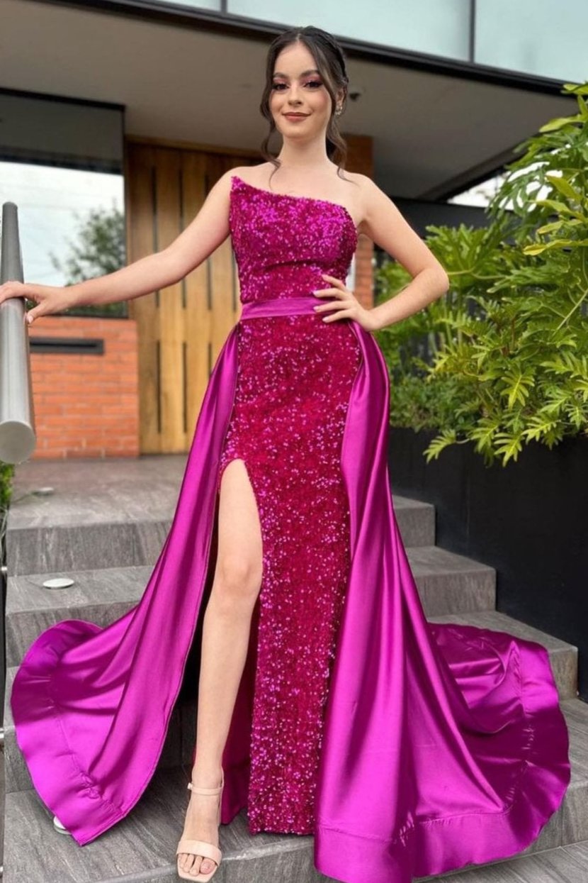 Fuchsia Long Sheath Sequins Evening Dress With Detachable Skirt – TANYA BRIDAL