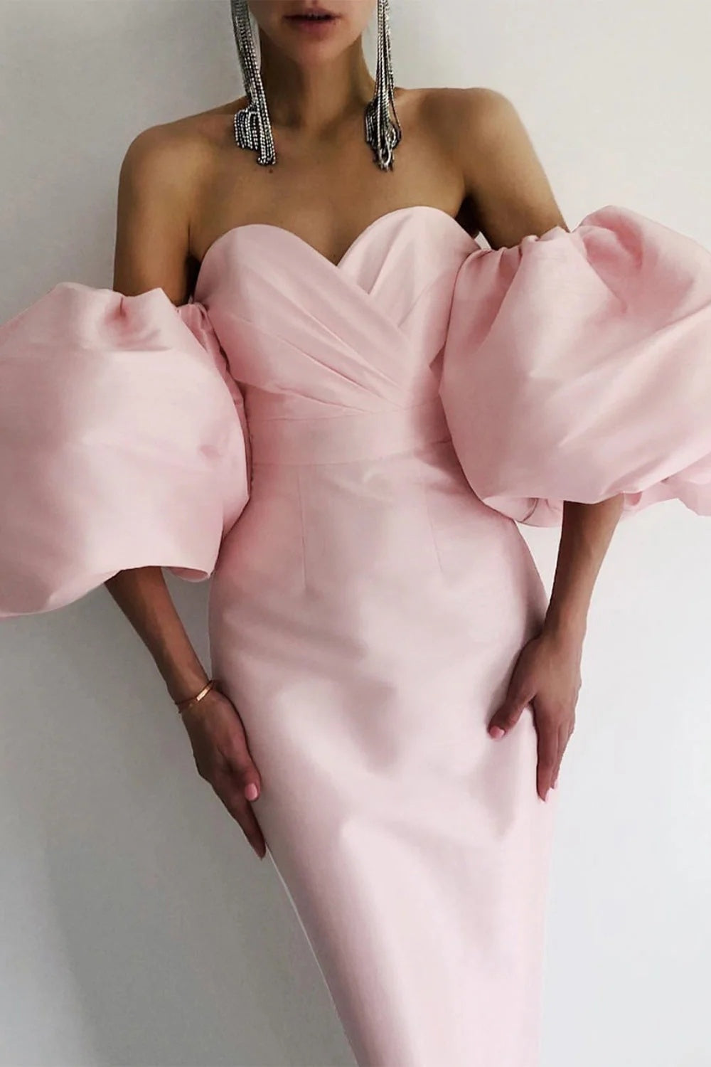 Pink Short Strapless Bridesmaid Dress With Puffy Removable Sleeves TANYA BRIDAL Pink Short Strapless Bridesmaid Dress With Puffy Removable Sleeves TANYA BRIDAL