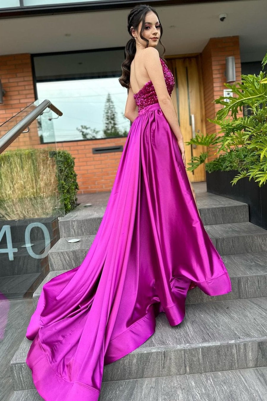 Fuchsia Long Sheath Sequins Evening Dress With Detachable Skirt TANYA BRIDAL Fuchsia Long Sheath Sequins Evening Dress With Detachable Skirt TANYA BRIDAL