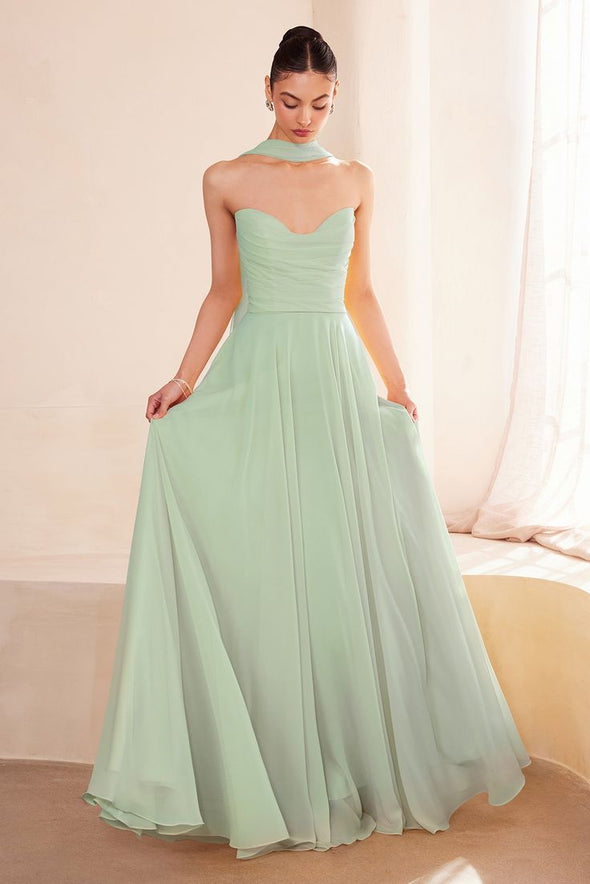 Sweetheart Long Chiffon Evening Party Dress With Neck Scarf