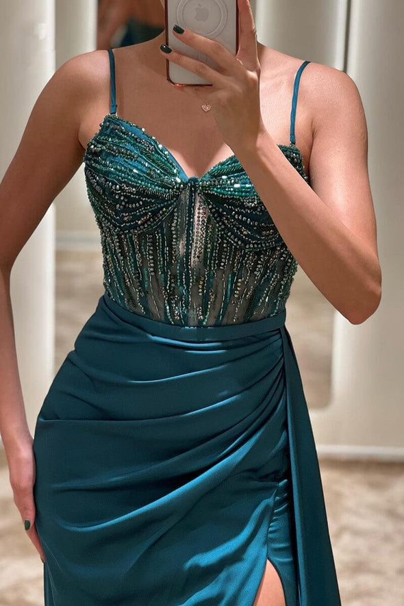 Luxury Turquoise Mermaid Strapless Long Evening Dress