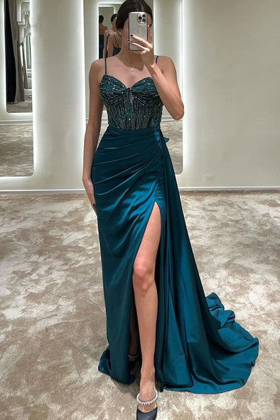 Luxury Turquoise Mermaid Strapless Long Evening Dress