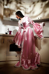 Satin Bride Candy Pink Satin Robe White Marabou Feather Hollywood Dressing Gown