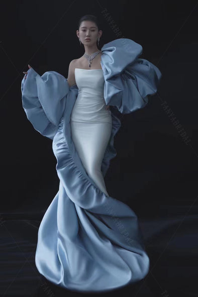 Light Blue Satin Long Cape With Puff Sleeve