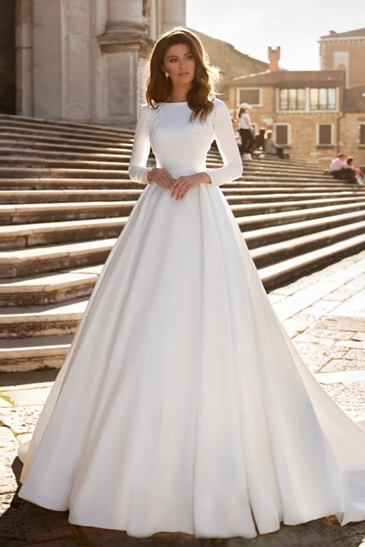 Muslim Satin Wedding Gowns Elegant Long Sleeve Abito Da Sposa