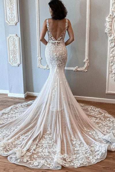 V Back Lace Mermaid Long Wedding Dress